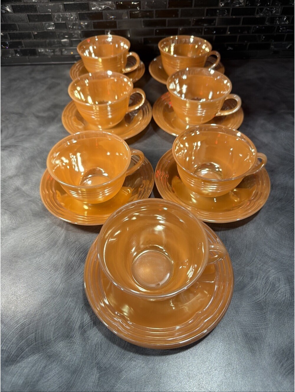 Vintage Fire King Royal Peach Orange Lustre Teacup And Saucer Ovenware Set Of 7